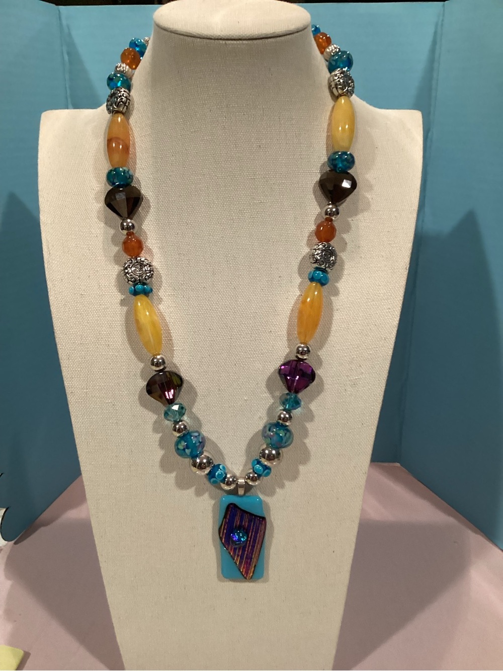 Artisan Crafted Art Glass Pendant Necklace with glass, crystal, acrylic beads.